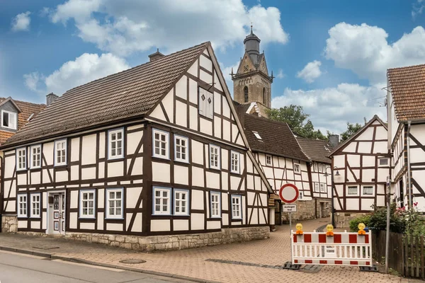 Maisons Colombages Avec Barrière Routière Bad Wildungen Allemagne — Photo