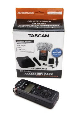 HUETTENBER, GERMANY - FEBRUARY 03, 2020: Box of Tascam DR-05X Digital Audio recorder. Portable field recorder on white background.