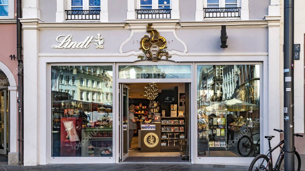 TRIER, GERMANY - SEPTEMBER 13, 2019: Front of LINDT Chocolate Shop in TRIER GERMANY