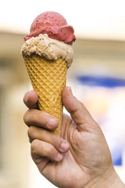 Hand Holding Creamy Ice Cream Fresh Waffle Stock Photo