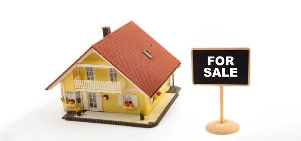 Sale Concept Business Real Estate Toy House Little Blackboard Sign — Stock Photo, Image