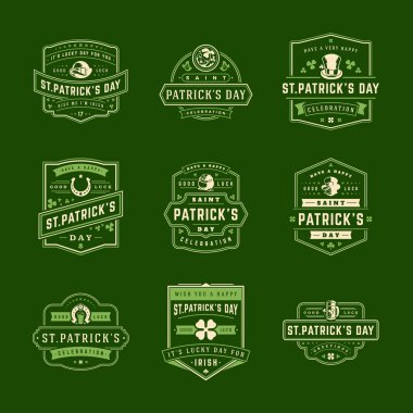 Aziz Patrick gününüz kutlu olsun Retro tipografik rozetleri Set