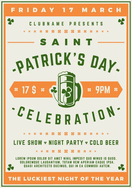 Saint Patricks Day Retro typografiska Party affisch bakgrund — Stock vektor