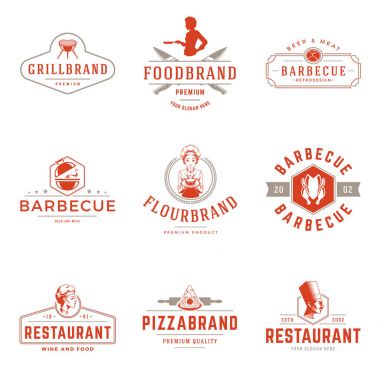 Restoran logolar şablonları vektör nesneleri kümesi. Logotype veya rozetleri
