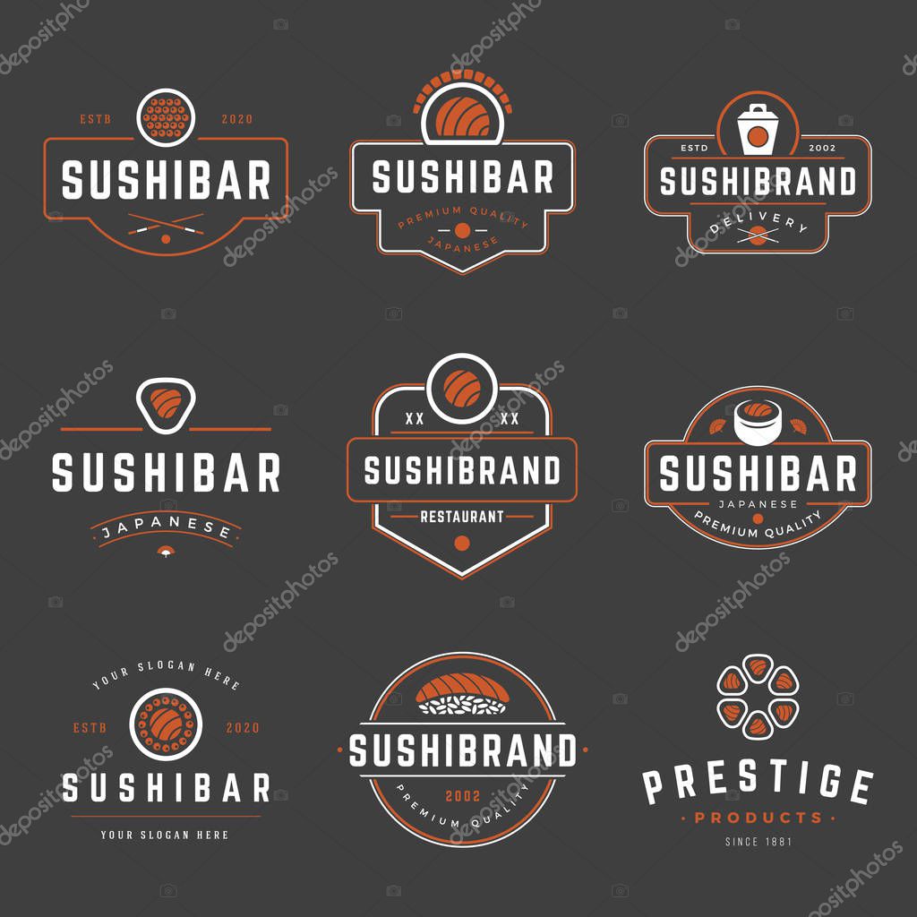 Sushi Shop Logos Templates Set. Vector objects and Icons for Sushi Labels or Badges, Japanese Food Emblems Graphics.