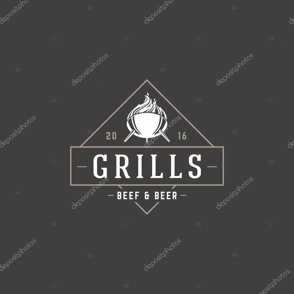 Barbecue logo template vector object for logotype or badge Design. Trendy retro style illustration, Grill silhouette.