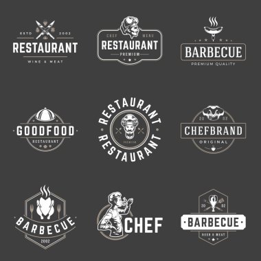 Restoran logolar şablonları vektör nesneleri kümesi. Logotype veya rozetleri tasarım.