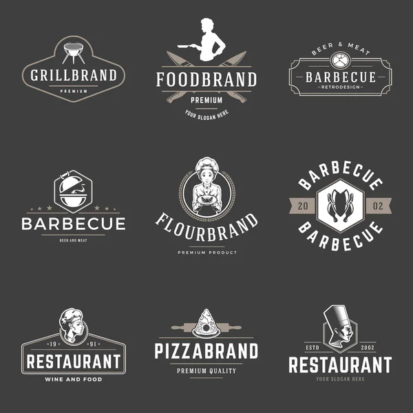 Restaurante logos plantillas vector objetos conjunto. Logotipos o insignias Diseño . — Vector de stock