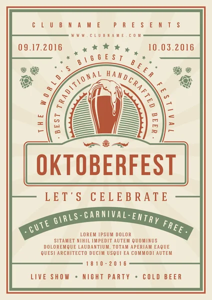 Oktoberfest beer festival celebration poster or flyer template retro typography. — Stock Vector