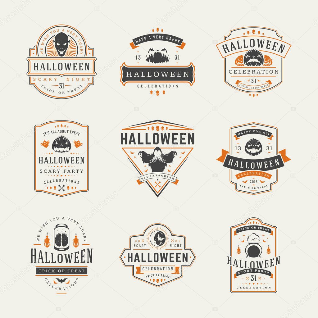 Halloween Celebration logos and badges design set vector illustration. Halloween Typographic Decorations good for greeting card, poster or flyer.