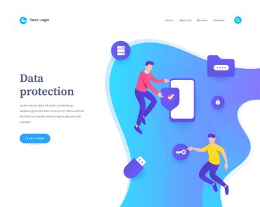 Veri koruma kavramı iş akışı uçma veya yükseltme insanları ve sosyal medya simgeleriyle etkileşim