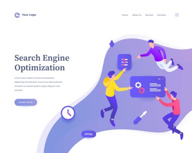 Arama motoru optimizasyon konsepti iş akışı uçma veya yükseltme insanları ve sosyal medya simgeleriyle etkileşim