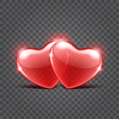 İki kırmızı parlak kalp, şeffaflık arkaplan vektörü çiziminde izole edilmiş.