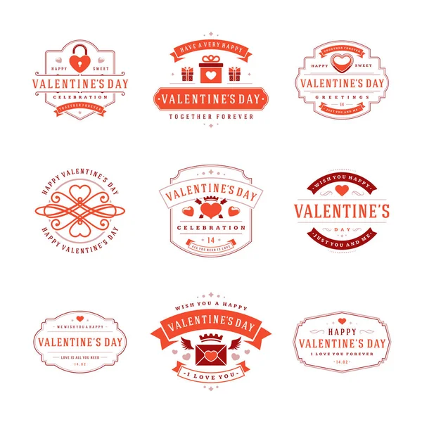 Feliz día de San Valentín tarjetas de felicitación y distintivos diseño tipografía vintage con símbolos de decoración elementos de diseño vectorial — Archivo Imágenes Vectoriales