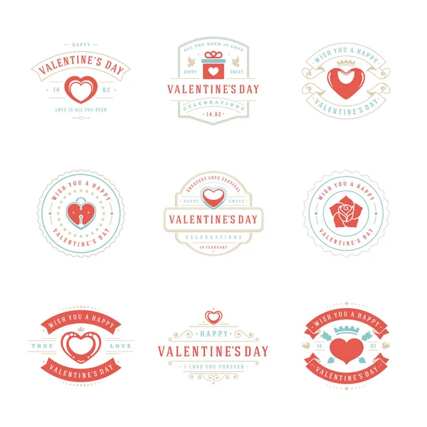 Glückliche Valentinstag Grußkarten und Abzeichen Vintage Typografie-Design mit Dekorationssymbolen Vektor-Design-Elemente — Stockvektor