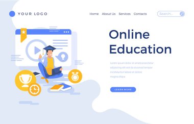 İniş sayfası şablonu ofis erkeği karakteri ile çevrimiçi eğitim kavramı.