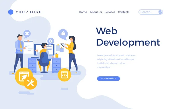 Landing Page Template Web-Entwicklungskonzept mit Menschen-Charakteren. — Stockvektor