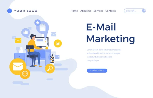 Landing page template e-mail marketing concept met kantoor mannelijk karakter. — Stockvector