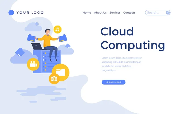 Landing Page Template Cloud Computing Konzept mit männlichem Bürocharakter. — Stockvektor