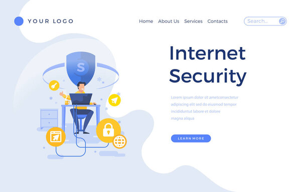 Landing page template internet security concept with office male character.