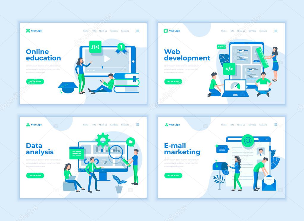 Landing page templates concept with cartoon office people characters.