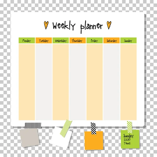 Weekly planner. Observera papper, anteckningar, att göra-lista. Arrangör planner. — Stock vektor