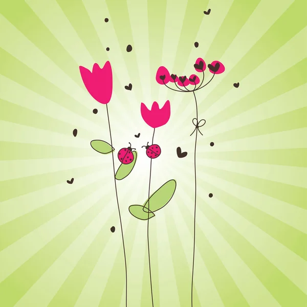 การ์ดอวยพร ดอกไม้ฤดูใบไม้ผลิ เลดี้บั๊ก . — ภาพเวกเตอร์สต็อก