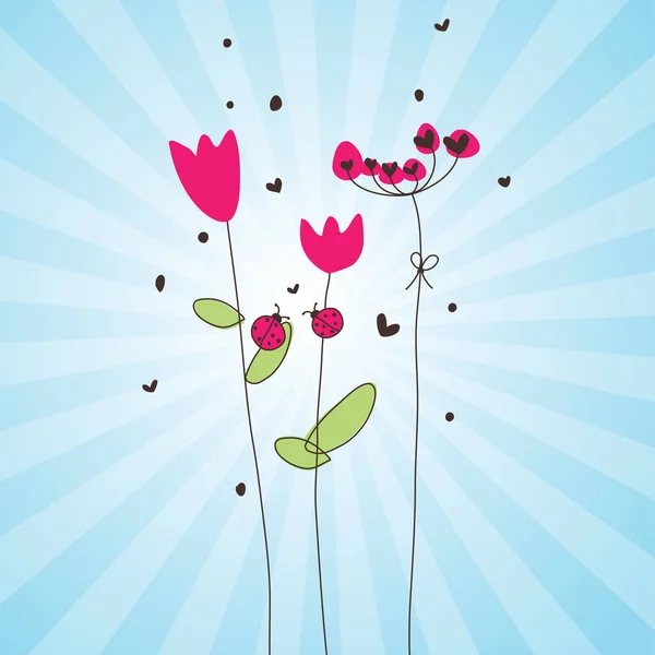 Tebrik kartı. Bahar çiçekleri. Ladybugs. — Stok Vektör