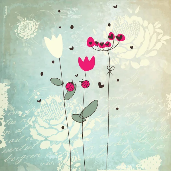 Grußkarte. Frühlingsblumen. Marienkäfer. — Stockvektor
