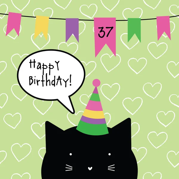 Tarjeta de cumpleaños feliz con carácter gato lindo. Tarjeta de felicitación . — Vector de stock