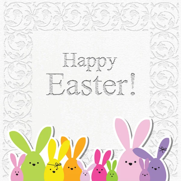 Tarjeta de Pascua con espacio para copias. Familia Bunny. Fondo floral grabado en piedra . — Vector de stock