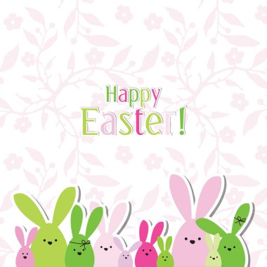 Paskalya kartı kopya alanı ile. Çiçek arka plan. Bunny aile.