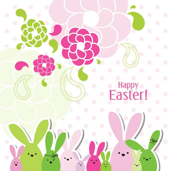 Velikonoční přání s kopie prostoru. Květinové pozadí. Bunny rodina. — Stockový vektor
