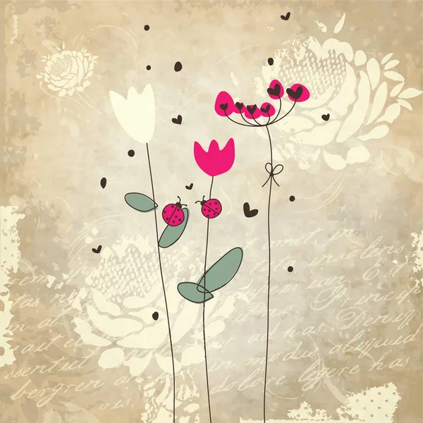 Wenskaart. Lente bloemen. Lieveheersbeestjes. — Stockvector