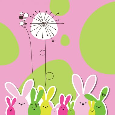 Paskalya kartı kopya alanı ile. Çiçek arka plan. Bunny aile.