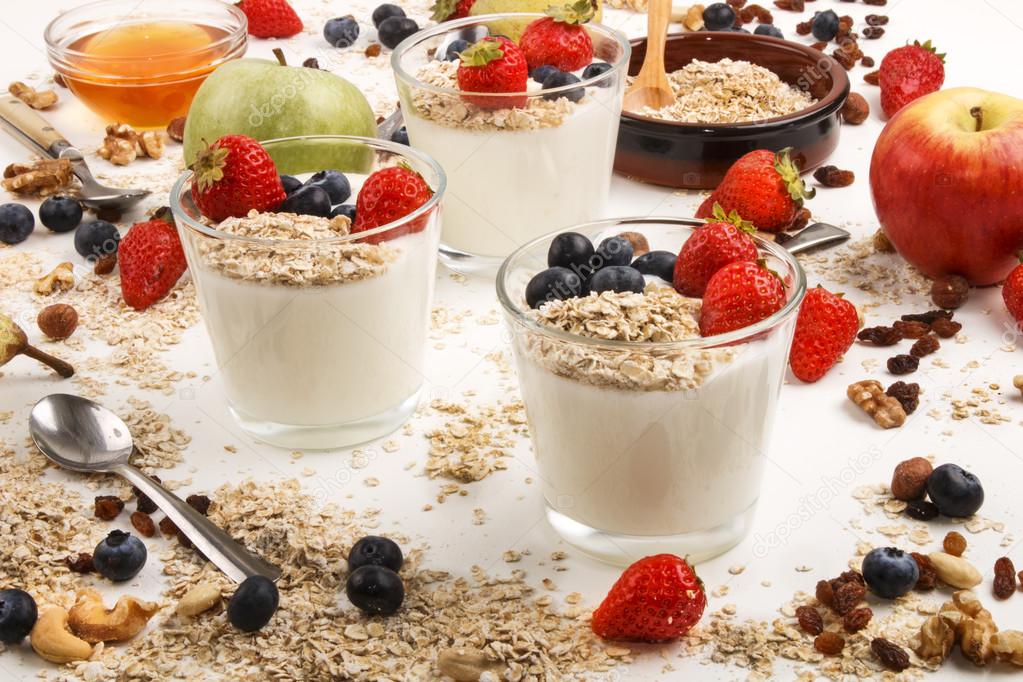 healthy organic breakfast with yogurt in glass