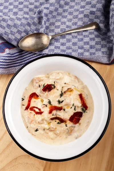 Hungarian style seafood chowder in a pot — Stock Photo, Image