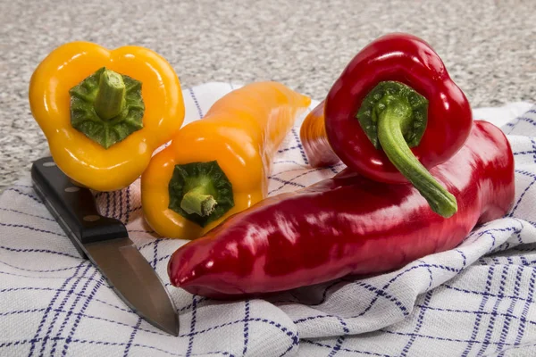 Chile con cuchillo en una toalla de cocina —  Fotos de Stock