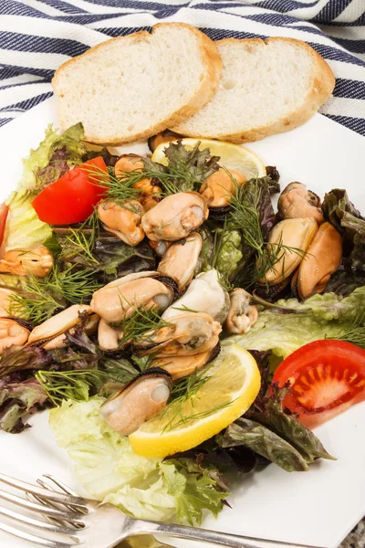 Mussel salad with tomato, lemon and bread — Stock Photo, Image