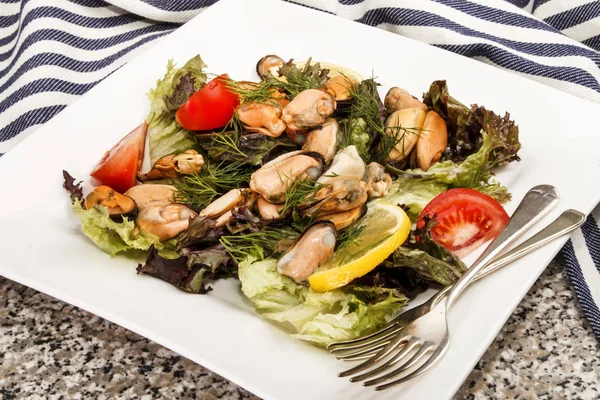 Insalata di cozze fresca con pomodoro su un piatto — Foto Stock