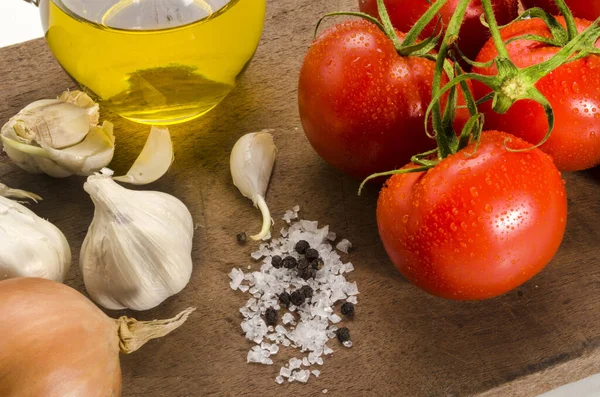 Ingredientes Para Hacer Una Sopa Tomate Mediterráneo Imagen de stock