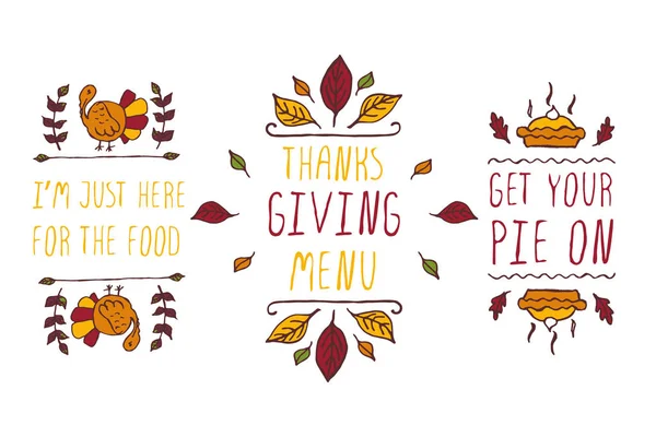 Ensemble d'éléments et de texte de Thanksgiving sur fond blanc — Image vectorielle