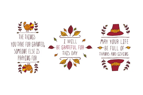 Ensemble d'éléments et de texte de Thanksgiving sur fond blanc — Image vectorielle