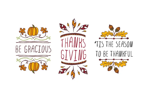 Verzameling Thanksgiving elementen en tekst op witte achtergrond — Stockvector