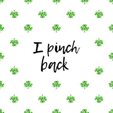 Saint Patricks Günü tebrik kartı Yeşil yonca ışıldadı yaprakları ve metin ile
