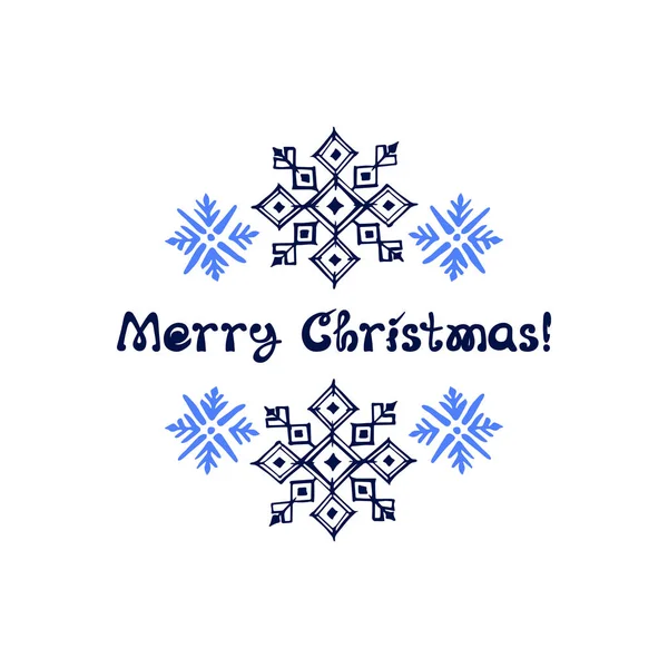 Tarjeta de felicitación Navidad con copos de nieve dibujados a mano — Vector de stock