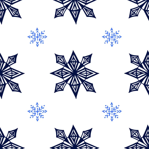 Бесшовный узор с нарисованными вручную снежинками, изолированными на белом — стоковый вектор