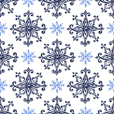 Elle çizilmiş kar taneleri beyaza izole edilmiş kusursuz desen.