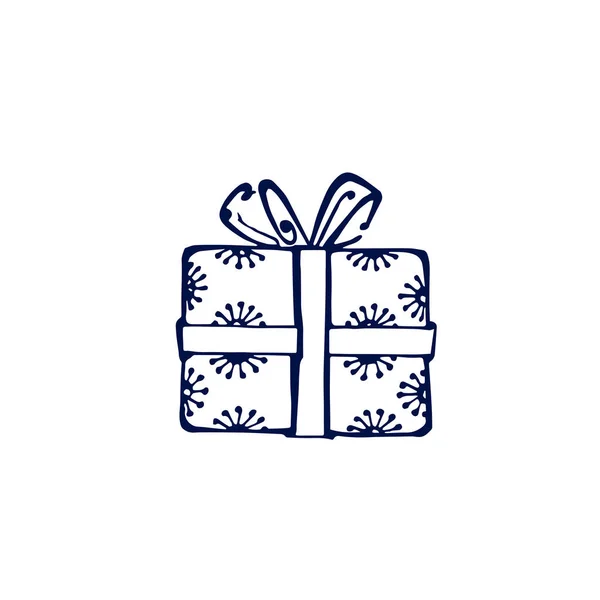 El çizimi koyu mavi hediye kutusu beyaza izole edilmiş. — Stok Vektör