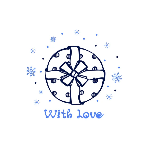 Handgezeichnete Geschenkschachtel und Schneeflocken — Stockvektor